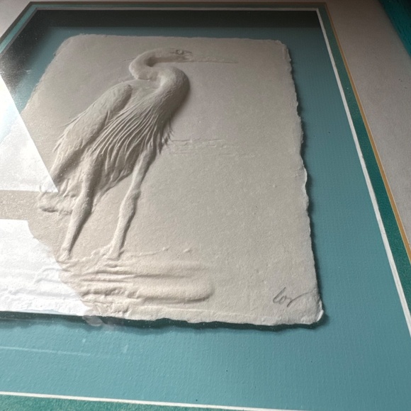 Framed Caste Paper Sculpture Great Blue Heron Signed - Picture 5 of 13